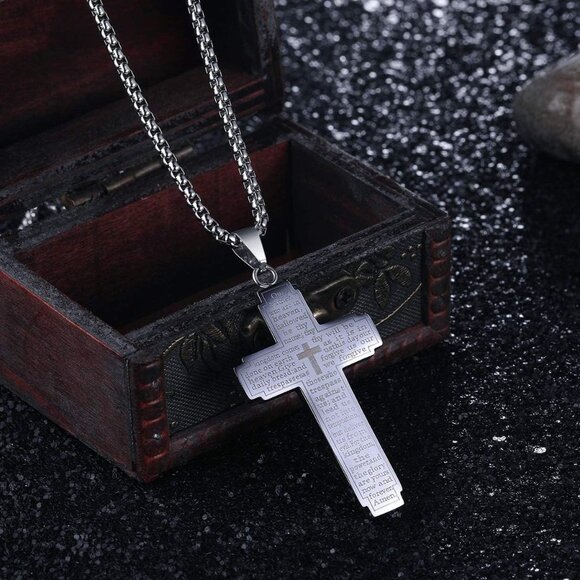 Stainless Steel Our Father Lord's Prayer Cross Pendant Necklace for Women Men Ch - Picture 2 of 6
